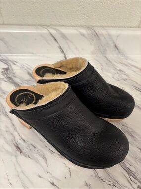 No. 6 Black Leather Shearling-Lined Slip-On Clogs